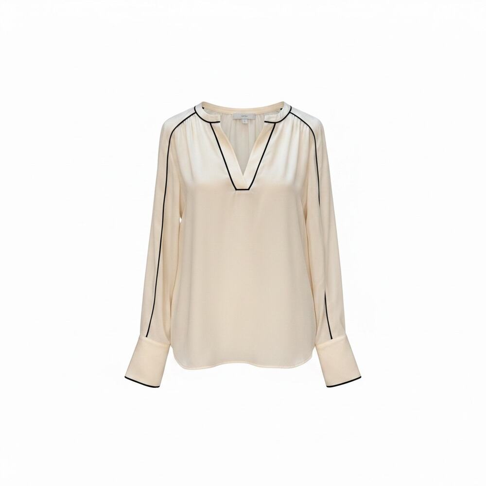 LOFT Cream Blouse | Black Piping | V-Neck | Wide Cuff | Sheer | Size L